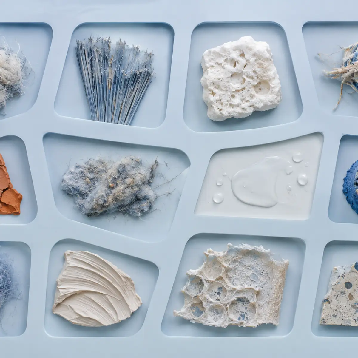 Doce muestras abstractas de fibras, piedra, humedad y desgaste ordenadas en una retícula azul clara